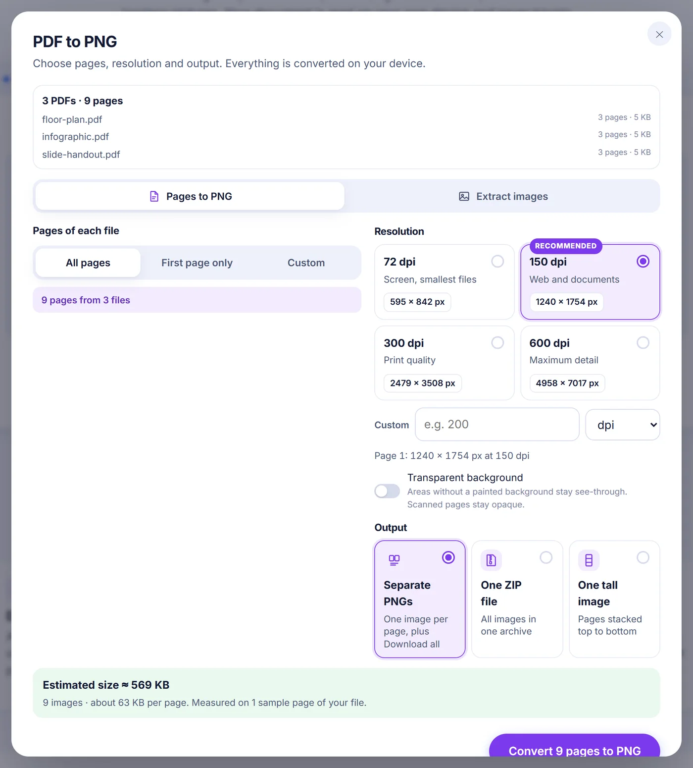 Options window for 3 PDFs and 9 pages: Pages to PNG mode, All pages, 150 dpi marked recommended, a transparent background switch and Separate PNGs output